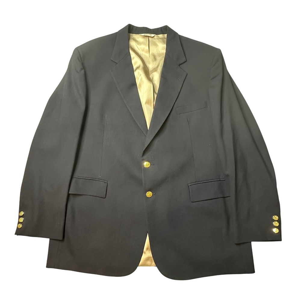 VTG Hunt Valley Blazer Men 48L Navy Blue Wool Two Button Gold Crest Buttons USA